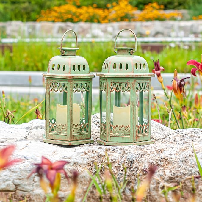 SteadyDoggie Solar Lanterns 2 Pack Green - Hanging Solar Lights with Flickering Candle LED - Retro Ornate Hanging Solar Lantern with Handle
