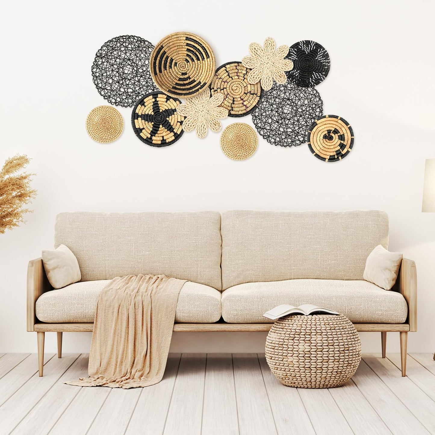 Tatuo 11 Pcs Boho Wall Basket Decor Decorative Bulrush Woven Basket Wall Decor Art Round Farmhouse Hanging Baskets for Kitchen Rustic Home Summer Decorations, Multi Sizes(Fresh)