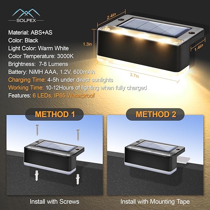 SOLPEX Solar Fence Lights, 6 LEDs Solar Lights Outdoor Waterproof Solar Powered for Deck, Stair, Front Porch, Balcony, Walkway, Garden, Yard, Patio, Pool Decor, IP65 Waterproof (4 Pack, Warm White)