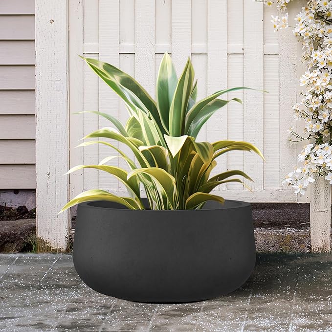 Kante 15.7" Dia Round Concrete Planter, Outdoor Indoor Garden Plant Pots with Drainage Hole and Rubber Plug, Modern Curvaceous Design, Black