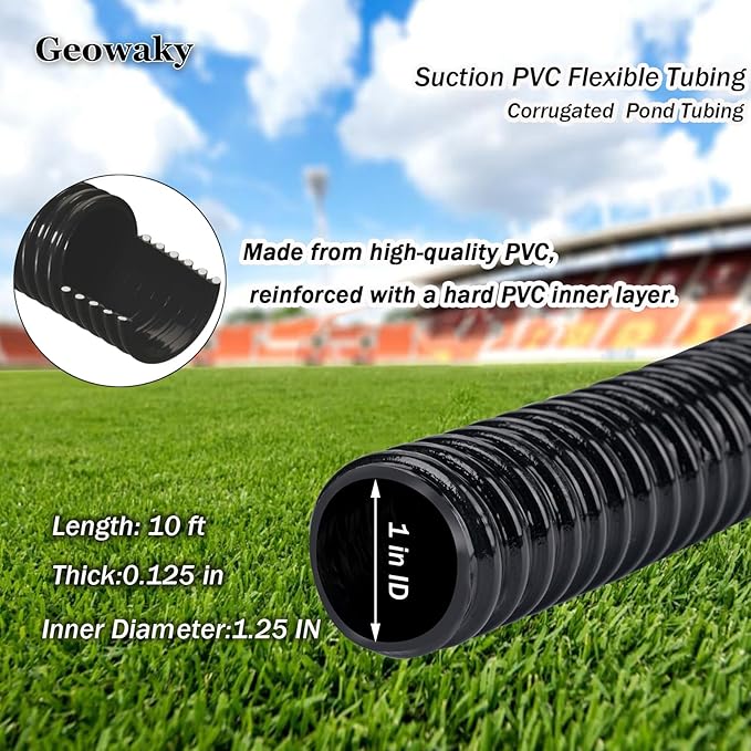 Pond Tubing 1” × 10ft- Black Corrugated Flexible PVC Hose, Kinkproof & Strong for Garden Ponds, Waterfall Sump Pump Pond Hose