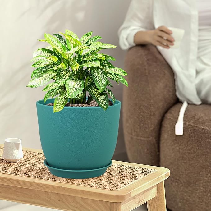 Large Flower Pots 12/10/9 inch, Set of 3 Modern Decorative Plastic Planters with Drainage Holes and Saucers for House Plants, Plant Pots for Indoor Outdoor Plants, Blue Green