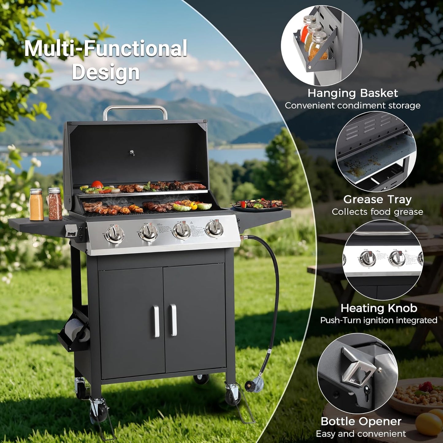 4-Burner Propane Gas Grill, Stainless Steel BBQ with 40,000 BTU, Foldable Side Shelves, Porcelain-Coated Grates, Ideal for Patio & Backyard Cooking (4 Burner)