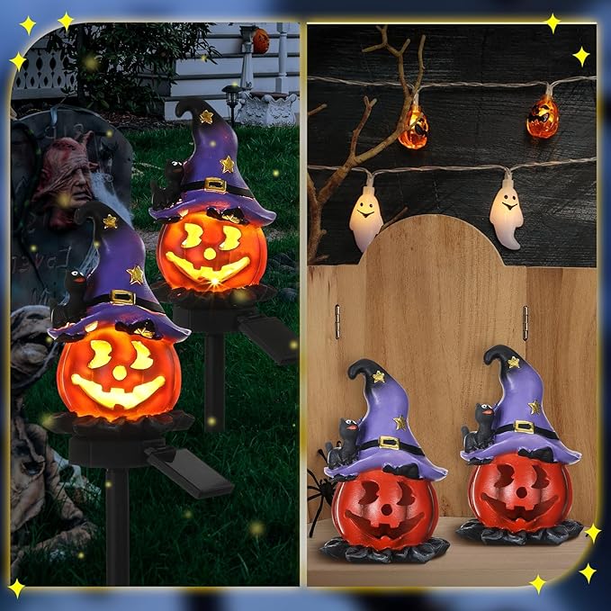 Retisee 2 Pcs Halloween Pumpkin Pathway Solar Lights Orange Jack O Lantern Stake Lights for Outdoor Halloween Decorations Yard Display LED Front Porch Decor(Witch Hat Pumpkin)