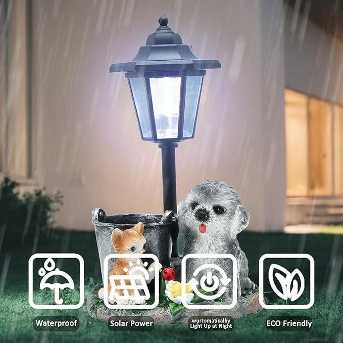 Solar Garden Outdoor Decor Statues Cat and Dog Playing Insect with Light,Outside-Outdoor Decorations Sculptures for Patio Yard Lawn Walkway Ornaments Clearance Gifts for Mom Grandma Birthday