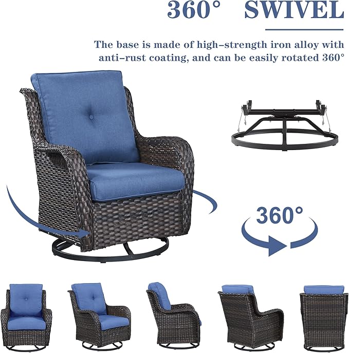 5 Pieces Patio Wicker Furniture Set - 4 Outdoor Swivel Rocker Glider Chairs with Propane Fire Pit Table, Warm Patio Conversation Set Blue Cushion Perfect for Casual Gathering