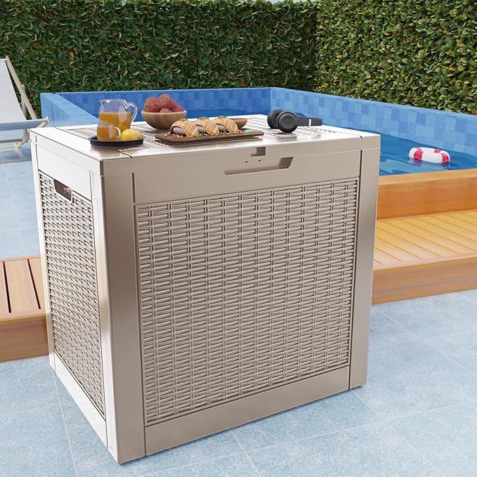 36 Gallon Outdoor Deck Box,Storage Lockable Waterproof Patio Furniture,Garden Tools,Cushions,Pool Accessories Outside Storage Resin Box(Grey Pattern)