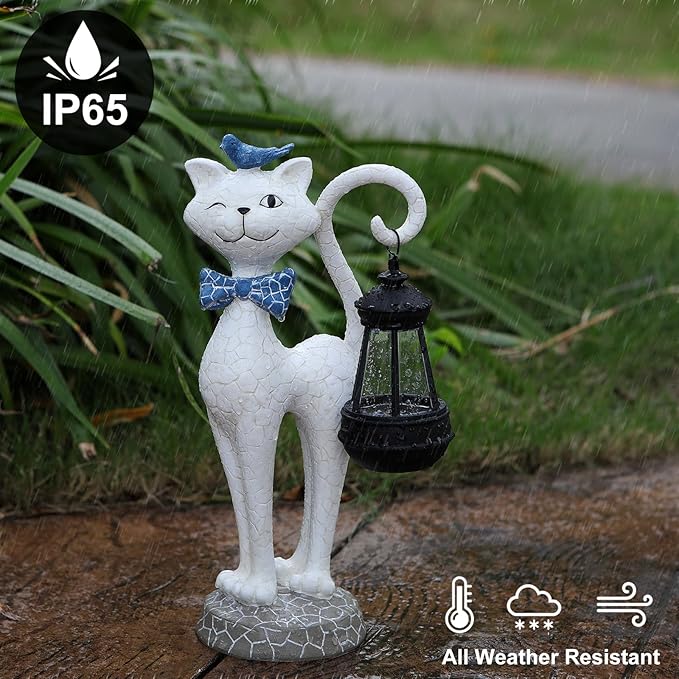 Solar Outdoor Garden Statues Light,Cat Figurines with Cute Birds Garden Sculpture Decor, Unique Christmas Gifts for Women, Men or Daughter, Housewarming Gifts and Yard Decoration