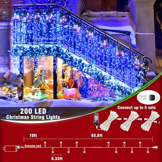 66ft 200 LED Christmas Lights Outdoor - 8 Modes Christmas String Lights Clear Wire with Time Memory, Waterproof Plug in Fairy String Lights for Indoor Outdoor Home Party Garden Decoration, Blue