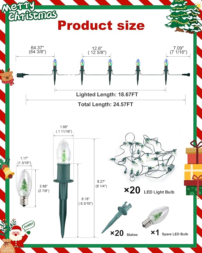 VCOKEN Christmas Pathway Lights Outdoor, 24.5FT Connectable C9 Christmas Lights with 20 LED and Stakes, Multicolored Waterproof C9 Christmas Walkway Lights Outdoor Decorations for Lawn Yard Sidewalk