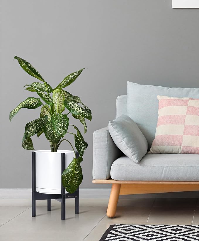 D'vine Dev Ceramic Planter with Ebony Stand - 10 Inch Modern Round Flower Pot with Wood Planter Holder, White, 55-B-L-1