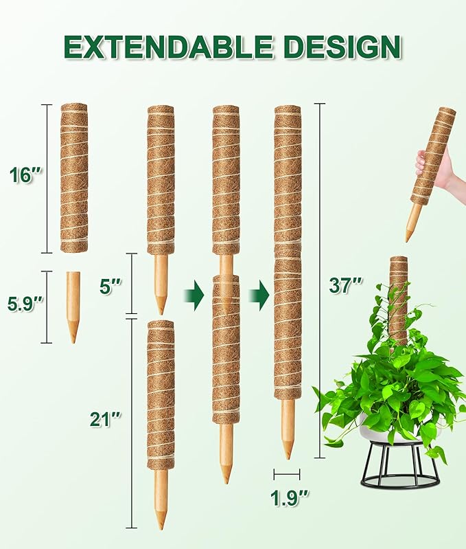 EAONE Moss Pole 168 Inch, 8 Pack 21" Monstera Plant Support for Climbing Potted Live Plants Indoor, Stackable Coco Coir Moss Sticks Monstera Stakes for Pothos Philodendron, with Garden Labels & Ties
