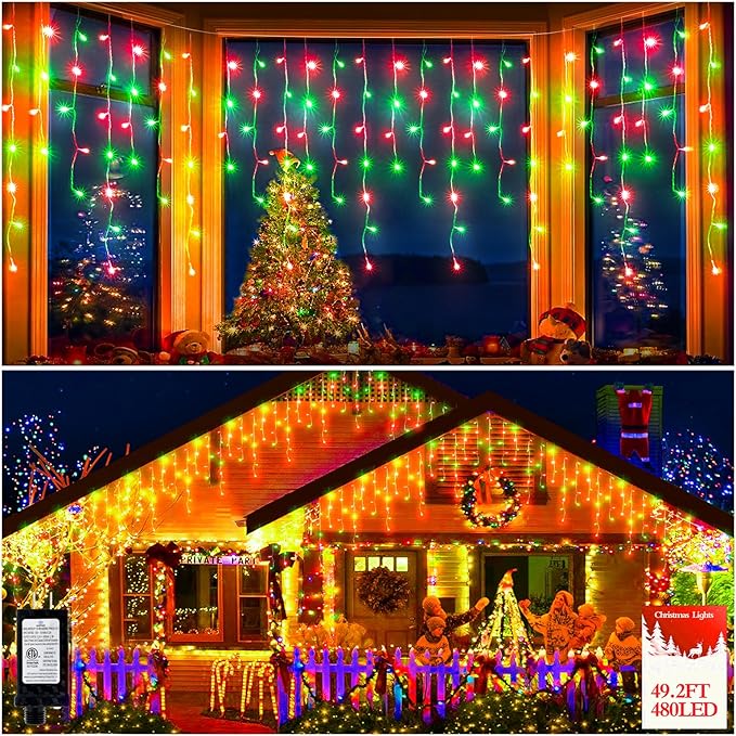 480 LED 49FT Christmas Lights Plug in 8 Modes with Timer Dimmable Christmas Decorations Outdoor Waterproof Indoor Curtain String Lights for Roof Porch Garden Holiday Wedding Party Decor Red + Green