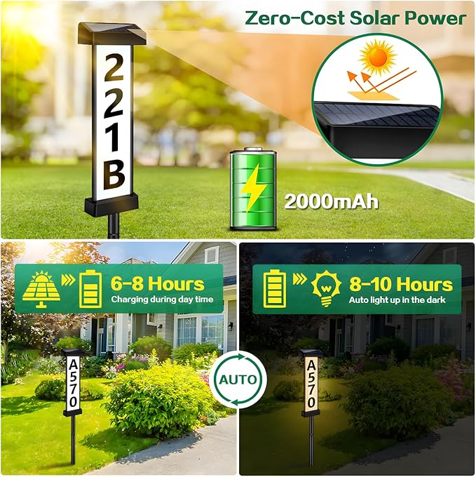 DBF Solar Address Sign, Dual-Sided House Numbers for Outside Waterproof, 3 Colors LED Illuminated Solar Powered Address Plaque with stakes, Outdoor House Number for Home Yard Garden Street