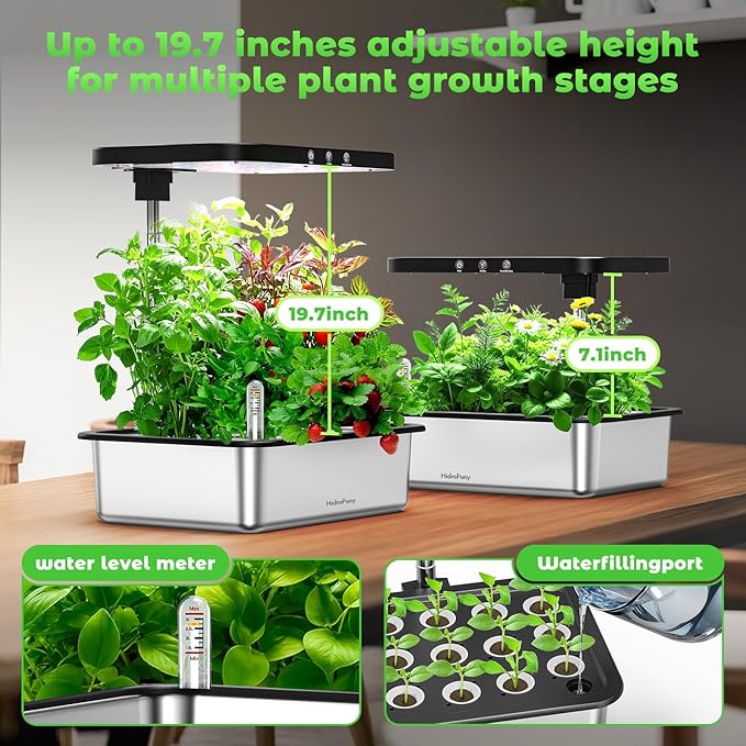 Stainless Steel Hydroponics Growing System kit Indoor Garden: 15 Pods Herb Garden with 24W Full Spectrum Grow Light, Hydroponic Gardening System with Silent Pump, Planting Height Up to 19.7"