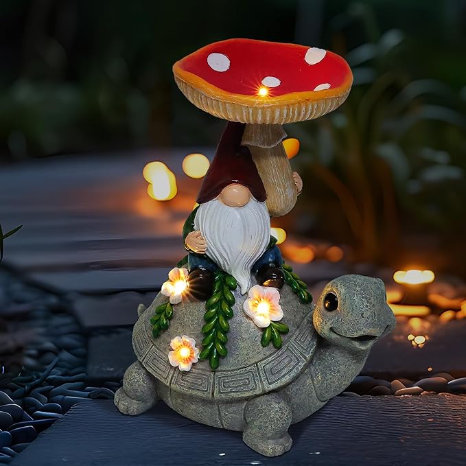 Turtle Garden Statue with Mushroom Bird Bath Outdoor Decor, Gnome Bird Feeder with Solar LED Light Waterproof for Yard Lawn Outdoor Decorations, Easter Gifts to Women Birthday Mother's Day
