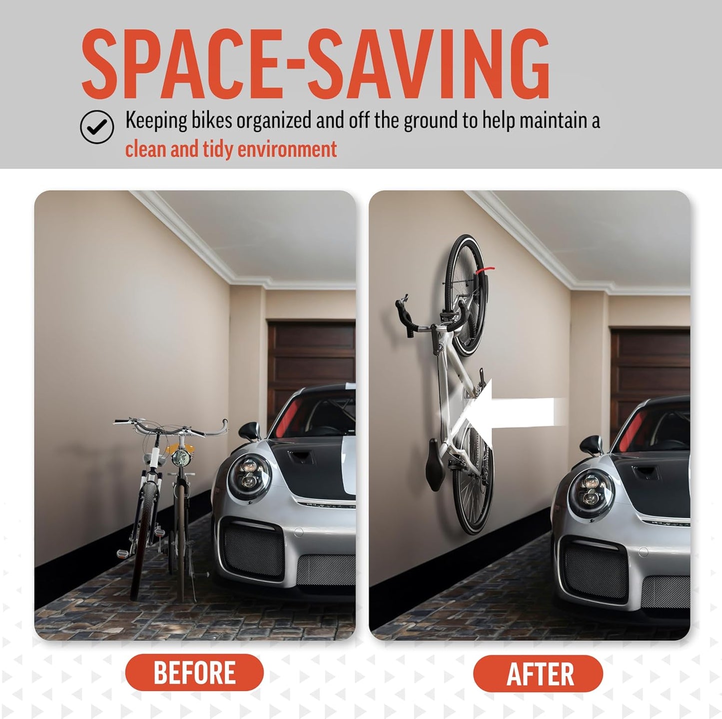 STELLARMOUNTS Bike Wall Mount - Wheel Hook Bracket - Industrial Class Bikcycle Rack Holds Up to 77 lbs - Secure Bike Storage Can be Mounted on Indoor/Outdoor Walls, Black/Red