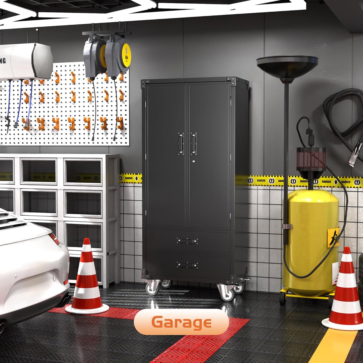 Metal Storage Cabinet with 2 Drawers, Garage Tool Cabinet on Wheels for Home Office Garage,Assembly Required,Black