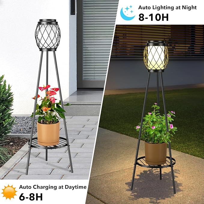 Solar Lights Outdoor with Plant Stands 2 Pack, Solar Floor Lamp Metal Tripod Patio Lights for Garden Yard Pathway Driveway Front/Back Porch Decoration