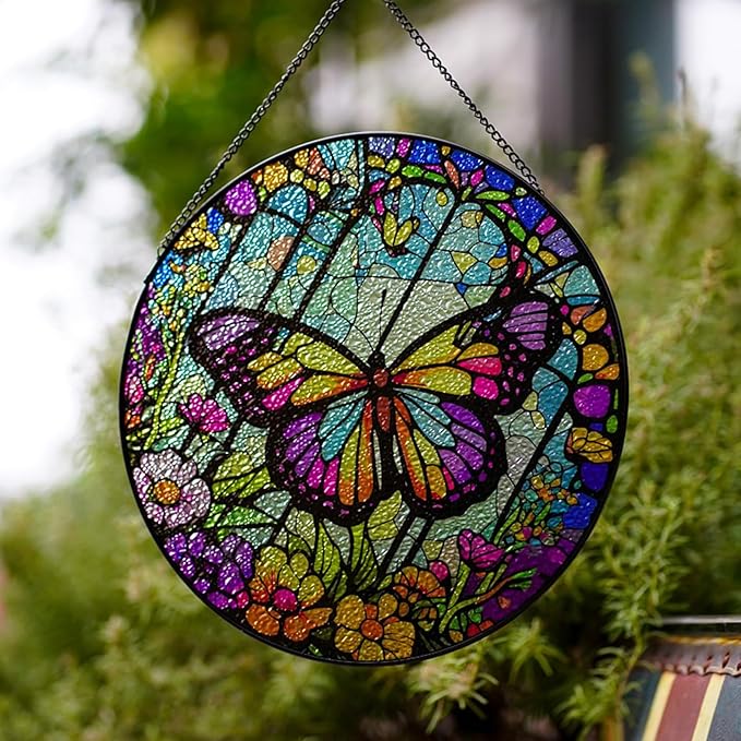 Butterfly Stained Glass Suncatcher Artistic Window Hanging,7.8” Hand-Painted Glass Panel Wall Home Decor,Gift for Women Garden Decor Suncatcher, BL009