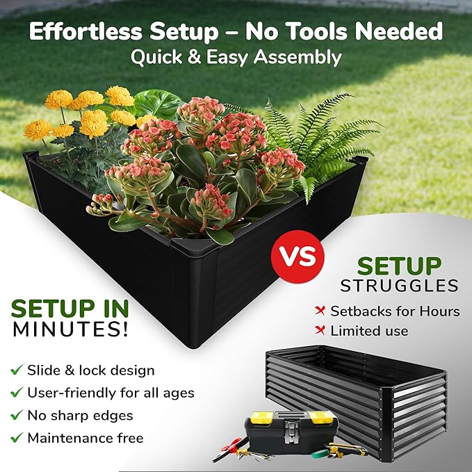 Raised Garden Bed - 4x4 ft Planter Box - Black HDPE - No Tools Needed - DIY Kit for Urban Gardening, Flowers, Herbs & Vegetables - Made in The USA