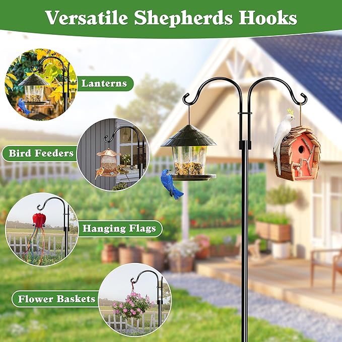Double Shepherds Hooks for Outdoor (1Pack,76 inch) Heavy Duty Adjustable Bird Feeder Pole Garden Decor Shepherds Hook for Hanging Bird Feeder, Plant Baskets, Hummingbird Feeder for Outside