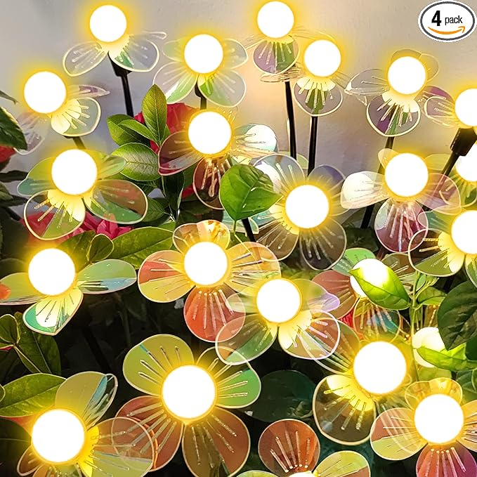 Solar Garden Lights Outdoor, NBQQ New Upgraded 4-Pack Firefly Solar Lights with Iridescent Petals & Warm White Glow - Waterproof Wind-Swaying Decor for Yard, Patio