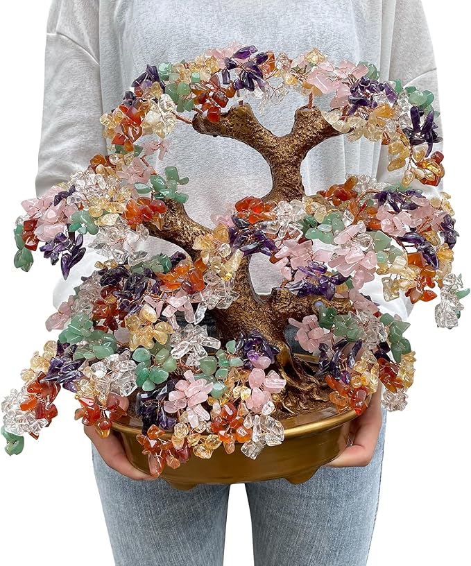 Feng Shui Money Tree Large Pine Tree Style Crystal Quartz Lucky Tree Gem Tree for Office Home Feng Shui Decoration for Wealth/Fortune and Luck (Yellow)