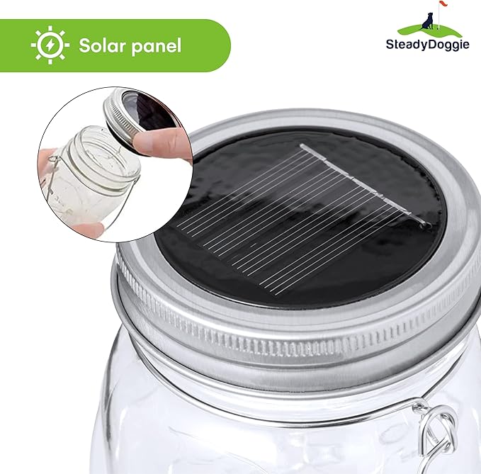 SteadyDoggie Solar Mason Jar Lights - Set of 2 Magical Patio Lights in Glass Lanterns - Hang Them Anywhere Outdoors for Enchanting Illumination - Waterproof and Decorative - 5.2" x 3"