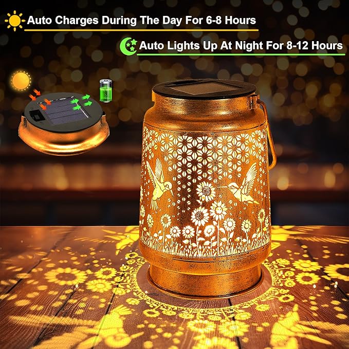 2 Pack Solar Lanterns Outdoor Garden Decor with Shepherd Hook, Gardening Gifts for Mom Grandma Women Hummingbird Sunflower Metal Decor Waterproof Solar Lights LED Decorative for Garden Yard Patio