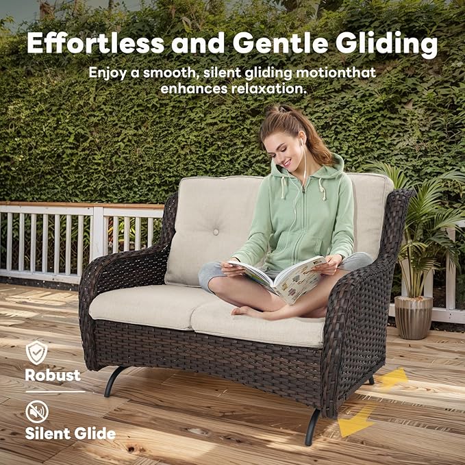 4 Piece Patio Furniture Set - Outdoor Glider Bench with Swivel Rocker Chairs and Coffee Table, High Back Small Outdoor Conversation Furniture Sets for Deck Sunroom Balcony Backyard