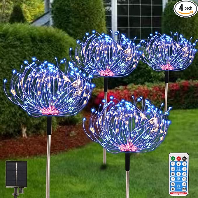 Fireworks Solar Lights Outdoor 4 Pack 480 LED Pathway Lights Solar Powered Starburst Fairy Lights Waterproof 8 Lighting Modes with Remote Control for Patio Christmas Yard Decorative(Multi-Colored)