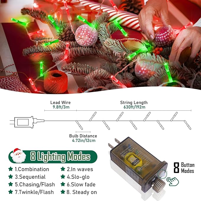 Heceltt 1600 LED 630 FT String Lights Outdoor, 8 Modes Christmas Lights Plug in, Waterproof Led String Lights with Timer and Memory for Christmas Home Party Tree Decorations (Red and Green)