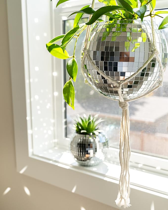 Hanging Disco Ball Planter 8" - with Acrylic Stand and Macrame Plant Hanger - Home Décor, Room Décor, Patio or Boho Décor, Mirror Disco Planter, Disco Decor (8" No Base)