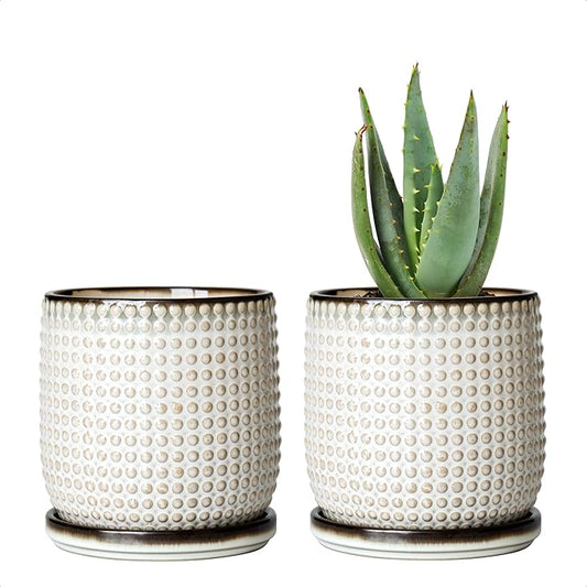 D'vine Dev Set of 2 Ceramic Plants Pots, 4 Inch Beaded Stoneware Flower Pot for Plants with Drainage Hole and Saucer, Smoked White, 27-E-Z-1