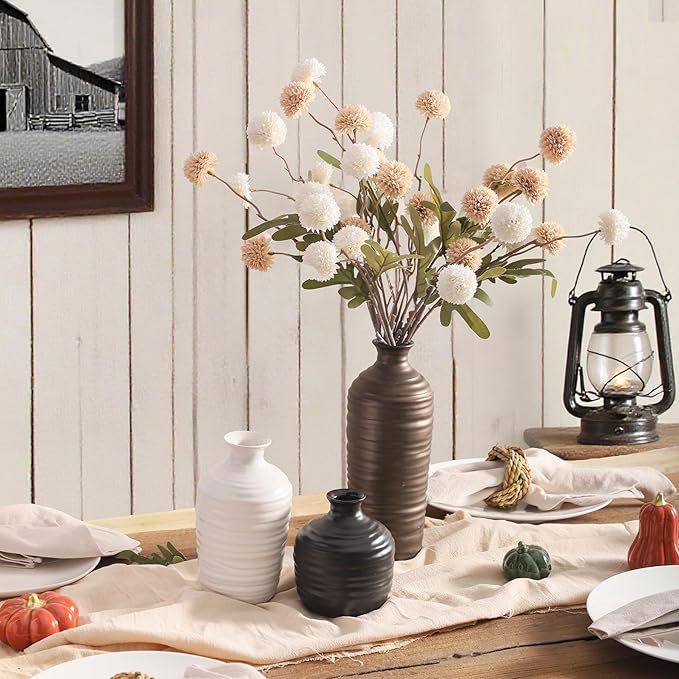 Ceramic Vase Set of 3 Neutral Decorative Vase for Farmhouse, Boho, or Rustic Home Decor Pottery Vases for Living Room Bathroom Table Mantel Fireplace Entryway Shelf (01-Metallic)