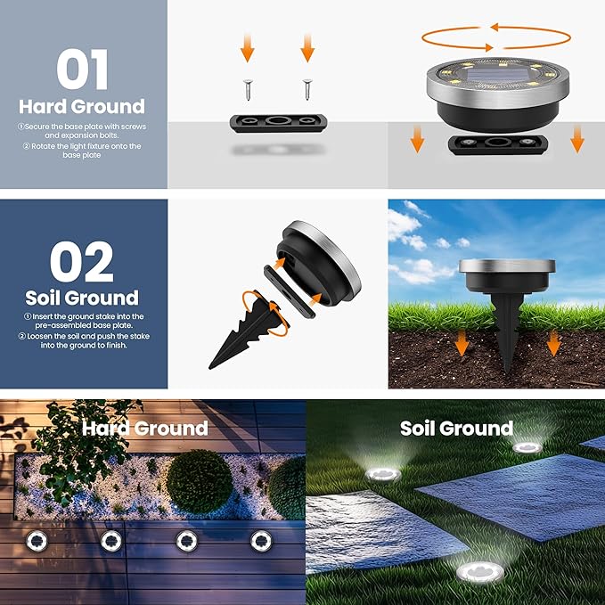 SOLPEX 8 Pack Solar Ground Lights Outdoor Waterproof, Solar Powered Pathway Lights, Landscape Lighting for Garden Walkway Driveway Backyard Decor (Cool White)
