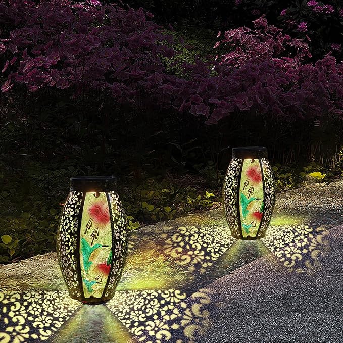 Solar Lanterns Outdoor Hanging Light - Solar Powered Hummingbird Glass LED Lights Decorative Waterproof Tabletop Lamp with Hollowed-Out Design for Indoor Yard Table Patio Garden Pathway Holiday