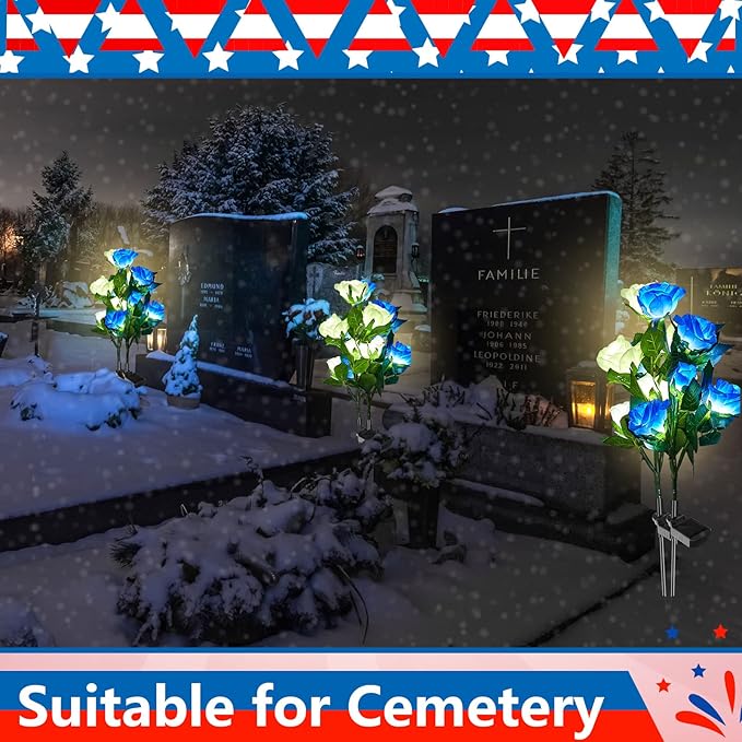 Woanger 4 Pcs Solar Flowers Cemetery Grave Decorations Outdoor LED Flower Lights with 6 Rose Powered Garden Stake Lights Waterproof for Independence Day Grave Decorations(Blue, White)