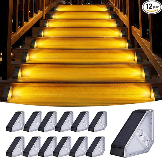 KINKAI Solar Step Lights - 12 Pack Solar Stair Lights Outdoor Deck Lighting Triangle Decor for Garden Front Door Porch (Warm Light)