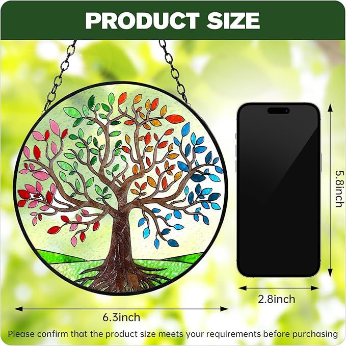 Tree of Life Suncatchers Stained Glass Window Hangings Ornaments, 6.3''* 6.3'' Hand-Painted Vibrant Color Family Tree Sun Catcher Memorial Gifts for Women,Christmas Decor Gifts