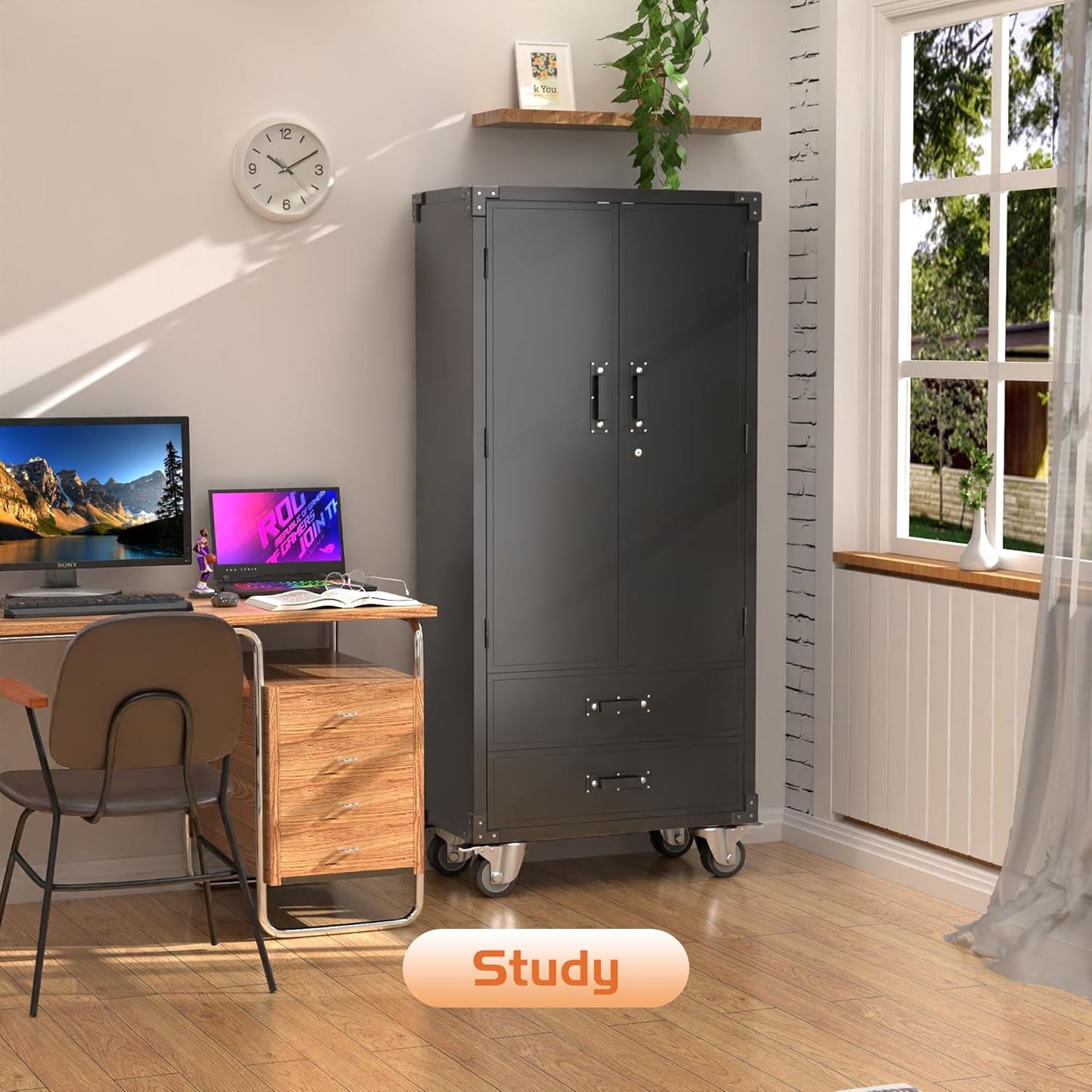 Metal Storage Cabinet with 2 Drawers, Garage Tool Cabinet on Wheels for Home Office Garage,Assembly Required,Black