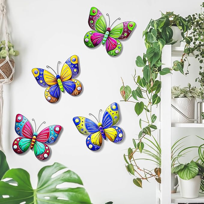 ULENDIS 4 Pack Metal Butterfly Wall Art Decor, 3D Colorful Outdoor Wall Art Fence Decorations for Patio and Yard, Hanging Decor for Garden Living Room Balcony, Gift for Family Friends(C)
