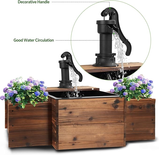 Outdoor Water Fountain,Floor Wooden Rectangular Pump Old-Fashioned Fountain with Flower Box,Electric Decorative Hand Pump, Outdoor Water Feature for Garden Patio Backyard