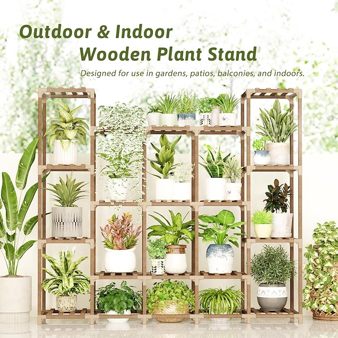 Large Plant Shelf 17 Pots Plant Stand Indoor Outdoor Tall Plant Rack Wood for Indoor Plants Multiple Plant Holder for Patio Balcony Garden Flower Stand Load-Bearing 600 LBS