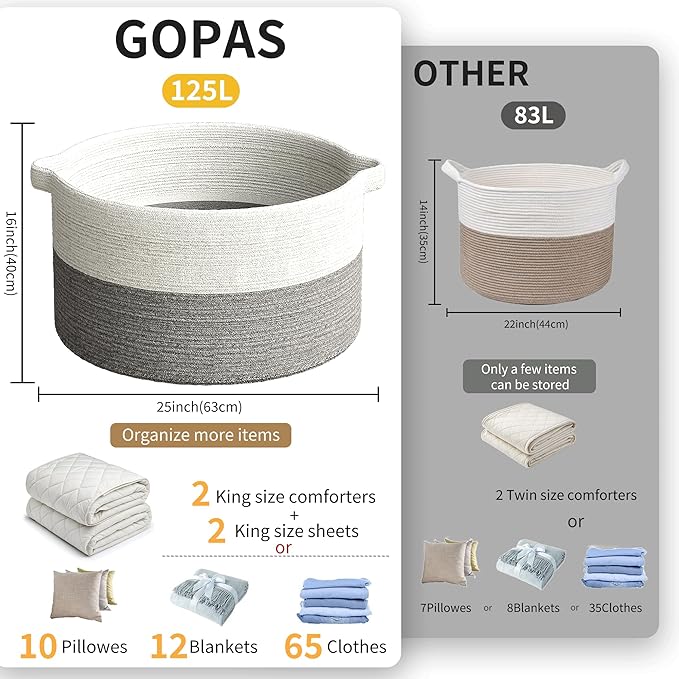 125L Extra Large Blanket Basket, 25" x 16", Jumbo Laundry Woven Basket Decorative Home, Cotton Rope Basket with Handles, Baby Toy Basket for Storage, White & Gray, 2PC