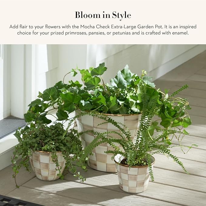 MACKENZIE-CHILDS Enamel Garden Pot, Decorative Pot for Plants, Outdoor Flowerpot Decor, Extra Large, Brown-and-White Mocha Check