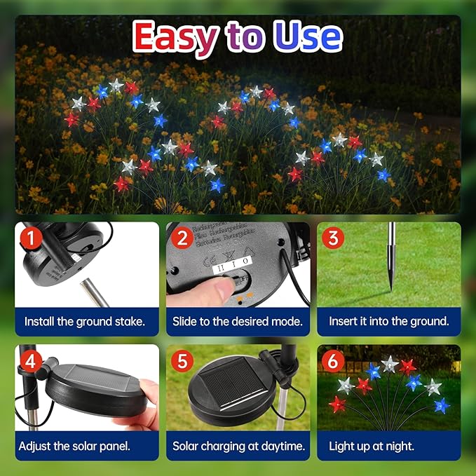 4th of July Decorations Solar Garden Lights, Fourth of July Red White and Blue Light Solar Lights Outdoor, Waterproof Patriotic Decor with 9 LED 2 Lighting Modes for Independence Day, 4 Pack