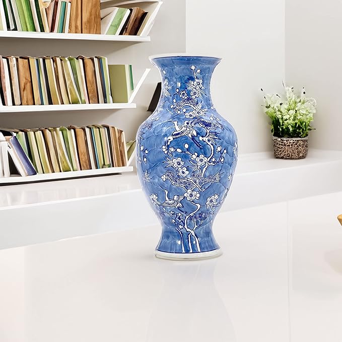 Galt International White & Blue Floral Crane Chinoiserie Ceramic Vase 14" - Hand Painted Antique Style Porcelain Bird & Flower Bottle Fishtail Porcelain Chinese Vase for Home Decor Centerpiece