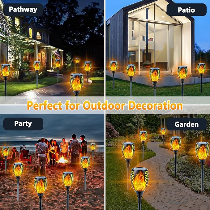 Upgraded 8 Pack Super Larger Size Solar Flame Torch Extra Bright Tiki Lights Outdoor Decorative with Flickering Flame, Solar Outdoor Lights Waterproof for Garden Pathway Yard Party, Auto On and Off